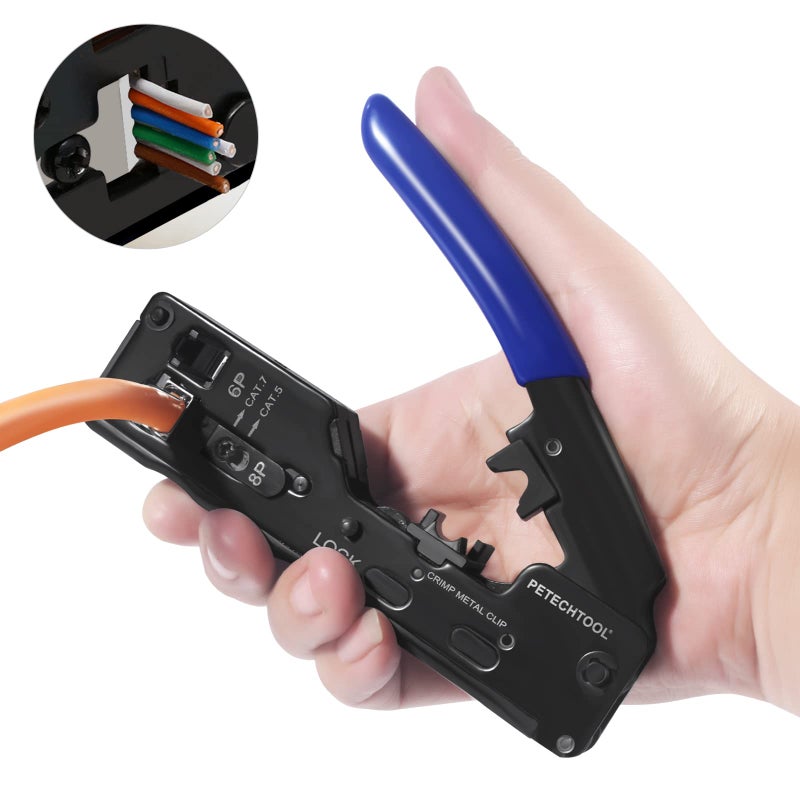 PETECHTOOL RJ45 Crimp Tool Ethernet Crimper for Cat7 Cat6A Cat5e Cat5 RJ45 Pass Through Connector and 6P Telephone Plug - Image 4